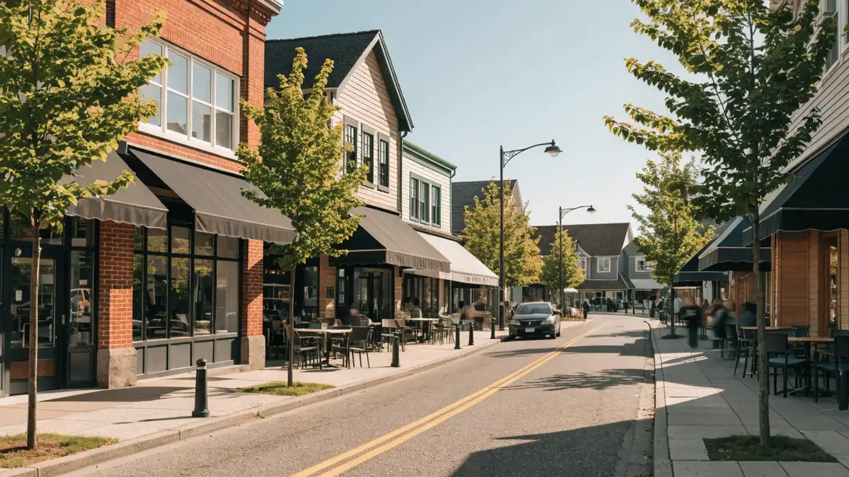 A sunny local shopping street of small storefronts and cafes — the kind of businesses we help get found